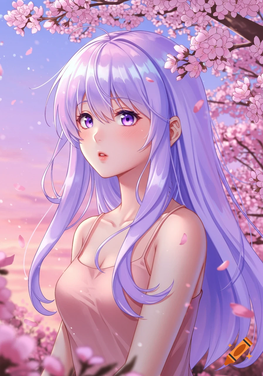Anime girl with light purple hair and a pink tank top, surrounded by pink cherry blossoms under a soft pink and blue sky.