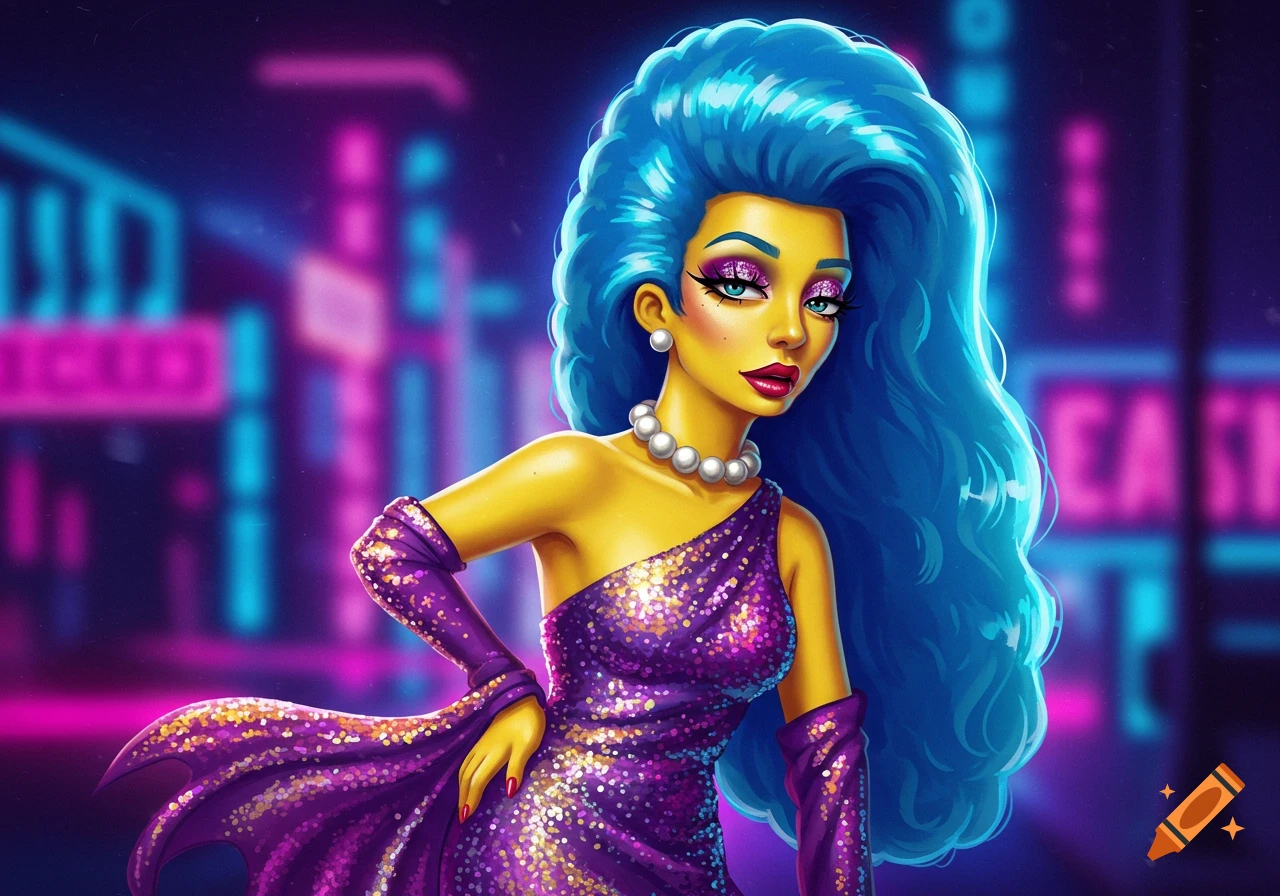 Stylized Marge Simpson with bright blue hair and yellow skin, wearing a shimmering purple dress and pearl necklace against a neon city background.