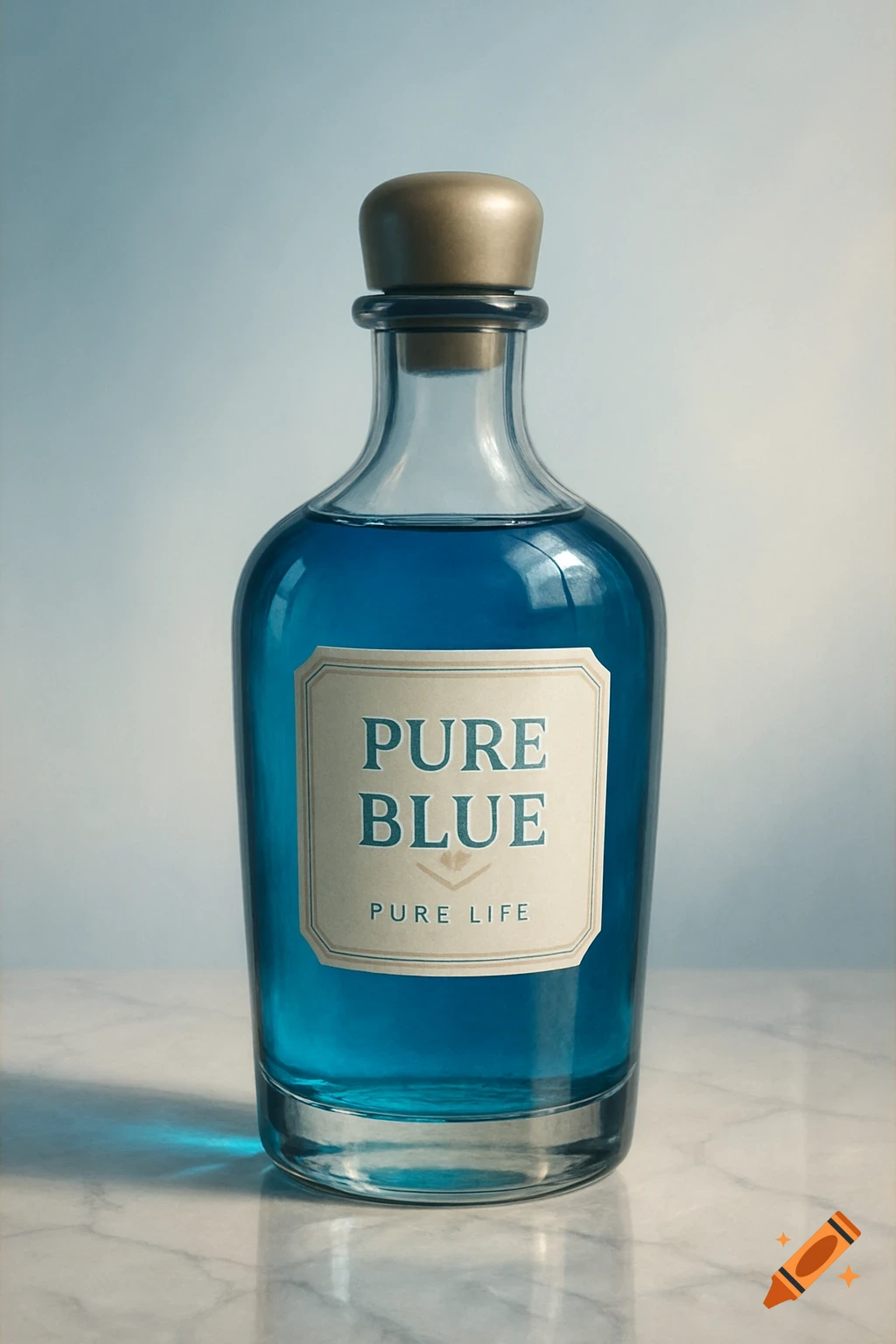 A photorealistic image of a bottle with blue liquid, labeled "PURE BLUE PURE LIFE", on a marble surface.