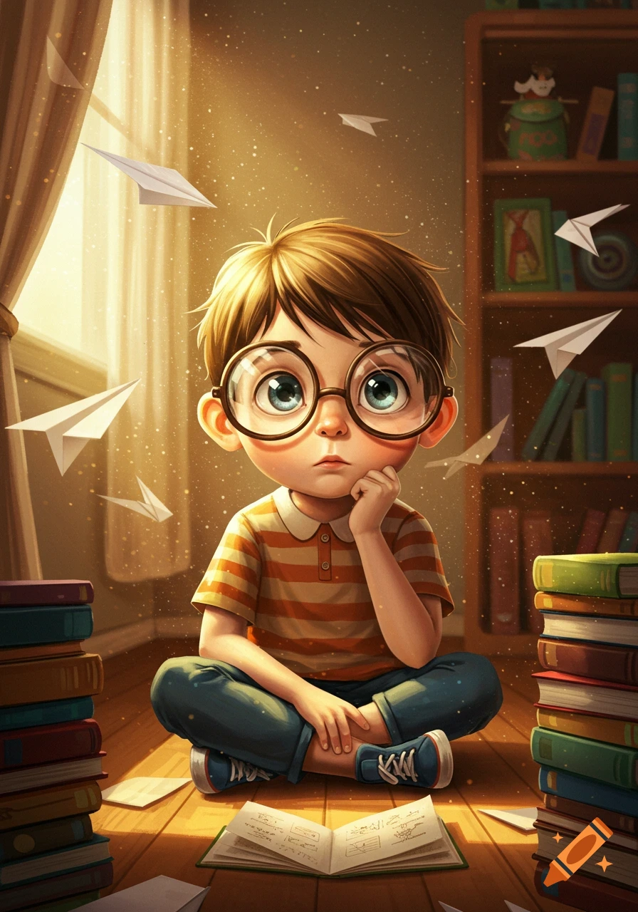 A thoughtful cartoon boy in glasses sits on the floor surrounded by books and paper airplanes, looking at an open book.