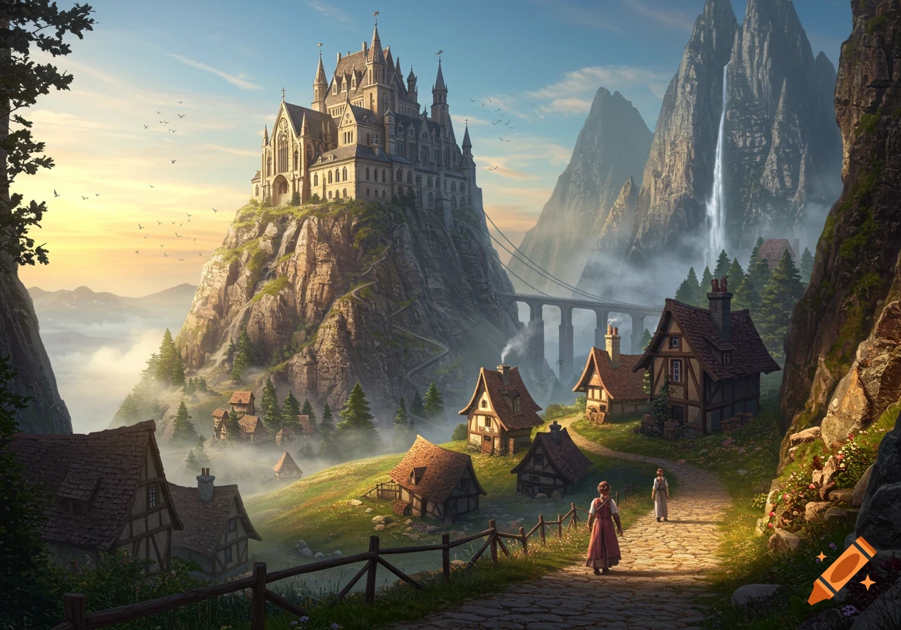 A majestic castle atop a mountain overlooks a picturesque village nestled in a misty valley with a waterfall.