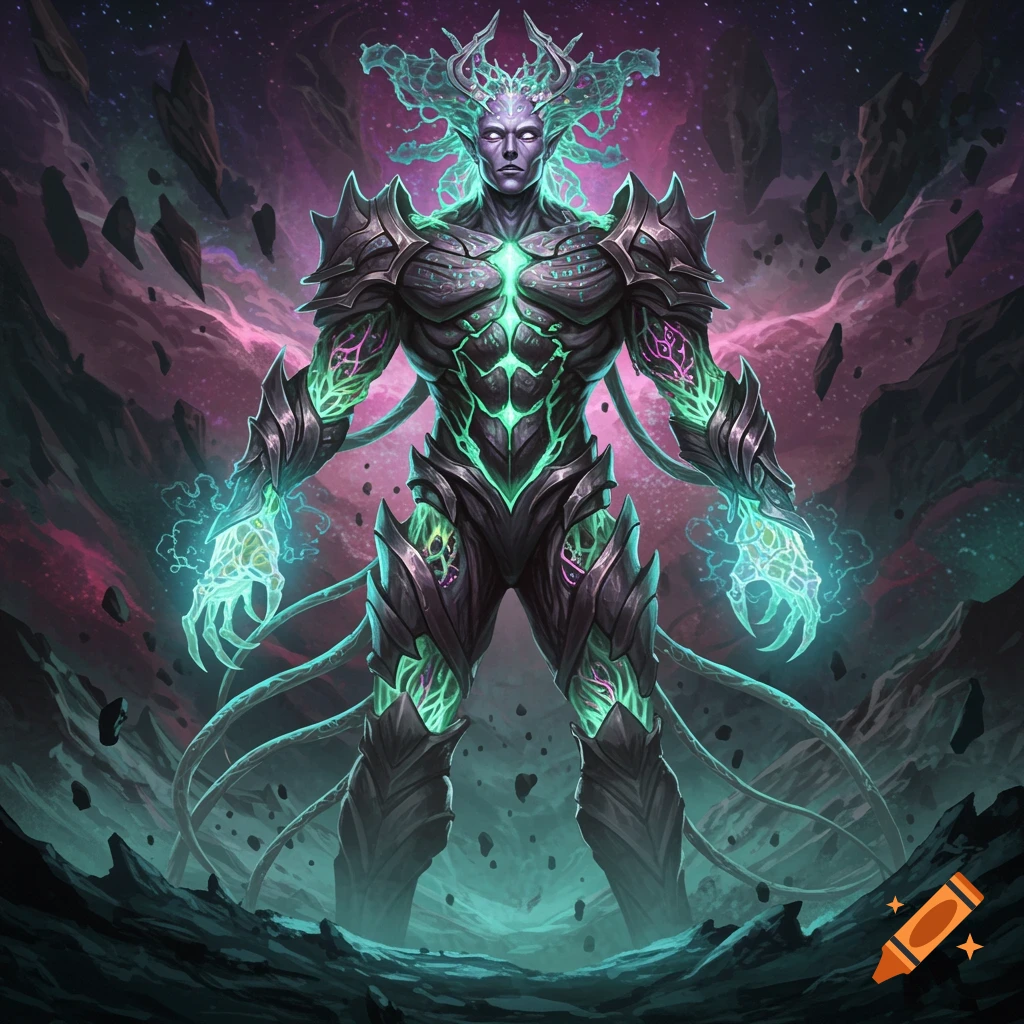 A muscular, armored, non-human creature with glowing green patterns, a horned crest, and glowing hands stands in a dark, rocky landscape with a purple, starry sky and floating debris.