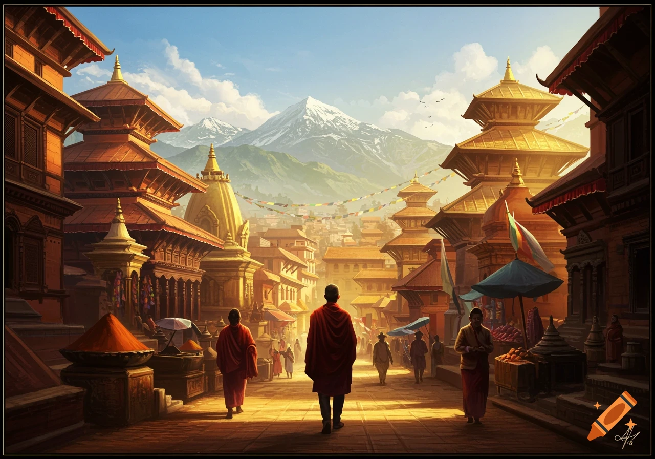 A vibrant illustration of a bustling street in a traditional Asian city with pagoda-style buildings, a golden stupa, and snow-capped mountains in the background.