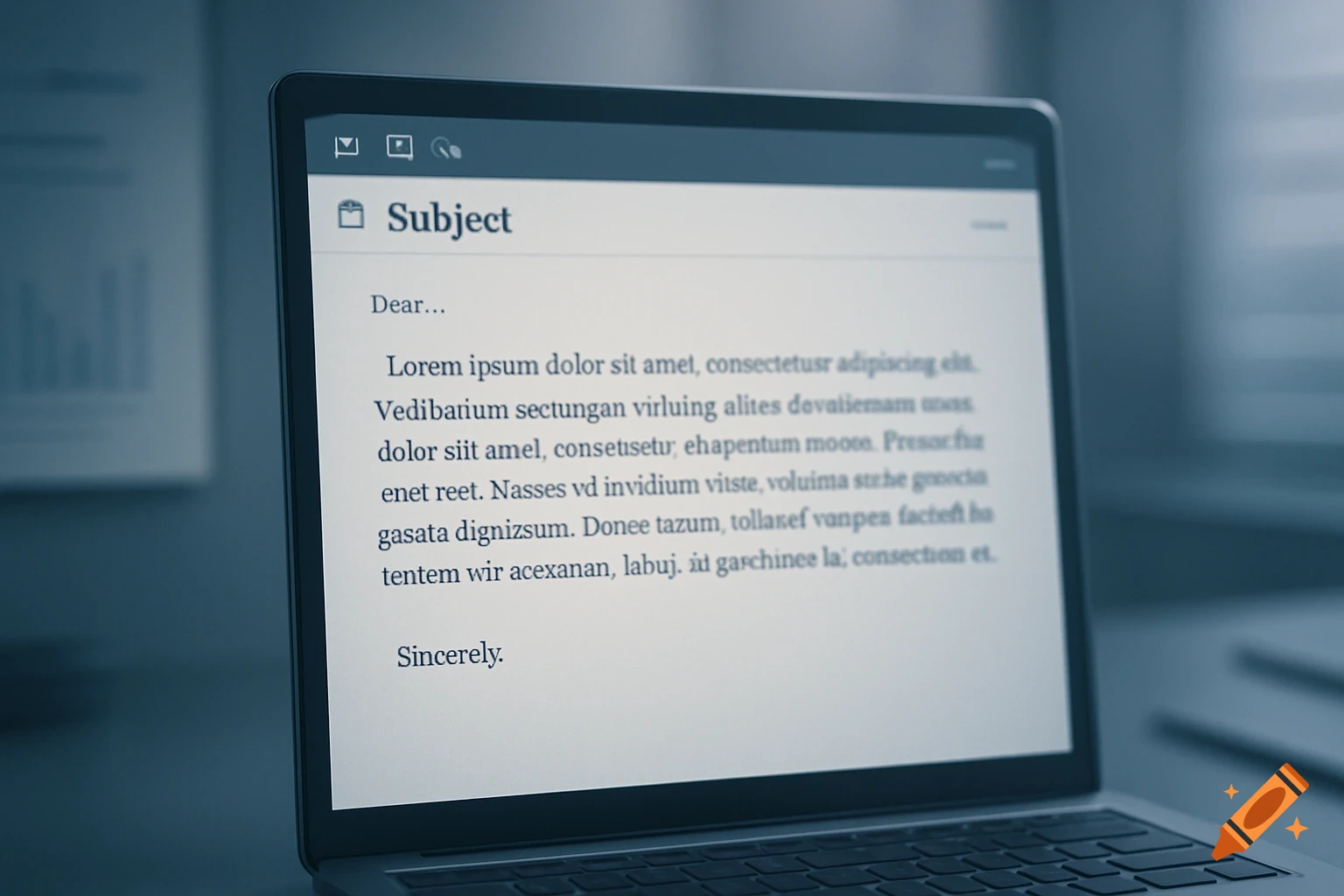Close-up of a laptop screen displaying a well-formatted email with a subject line and Lorem ipsum placeholder text.