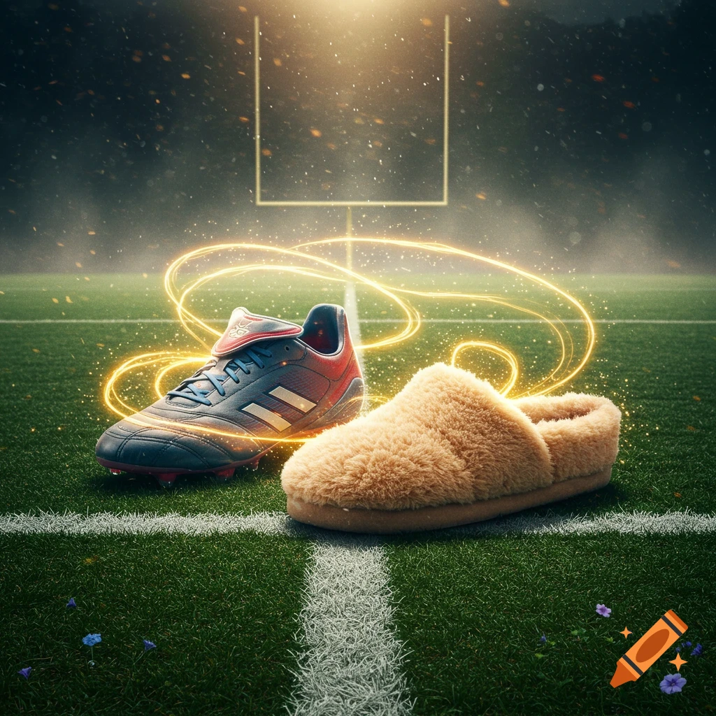 A football boot and a fluffy slipper on a green football field at dusk, with golden glowing lines around them.