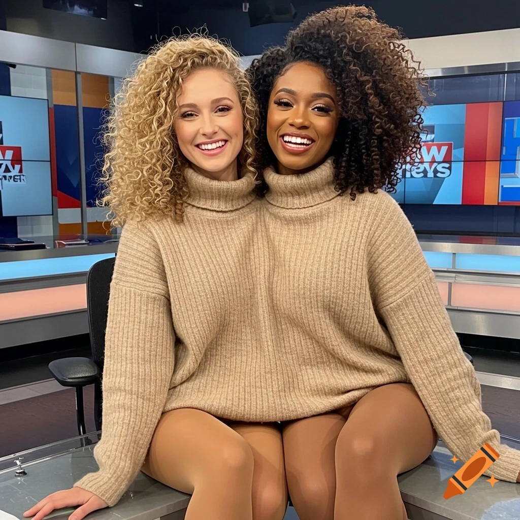 Two smiling women, one white with blonde curly hair and one Black with dark curly hair, pose in a single large beige turtleneck sweater, creating a two-headed illusion, sitting at a news desk.