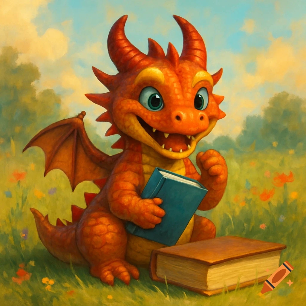 A cute, happy orange dragon with blue eyes sits in a grassy field, holding a blue book, with another book on the ground, in a painted style.