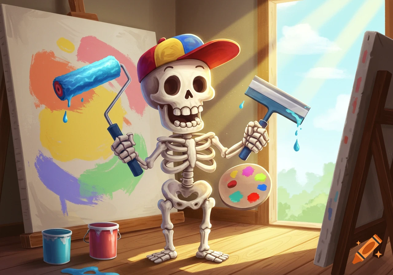 A cartoon skeleton wearing a colorful cap holds a paint roller and squeegee in front of a colorful abstract painting.