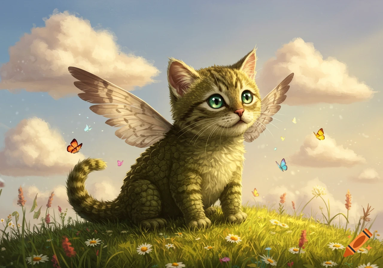 A cute winged cat with scaly skin and green eyes sits on a grassy hill with butterflies under a cloudy sky.