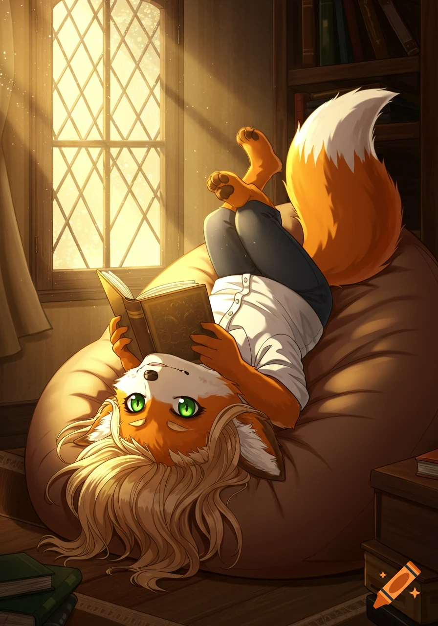 An anime-style anthropomorphic fox with blonde hair and green eyes reads a book while upside down on a beanbag chair, sun rays streaming from an antique window.