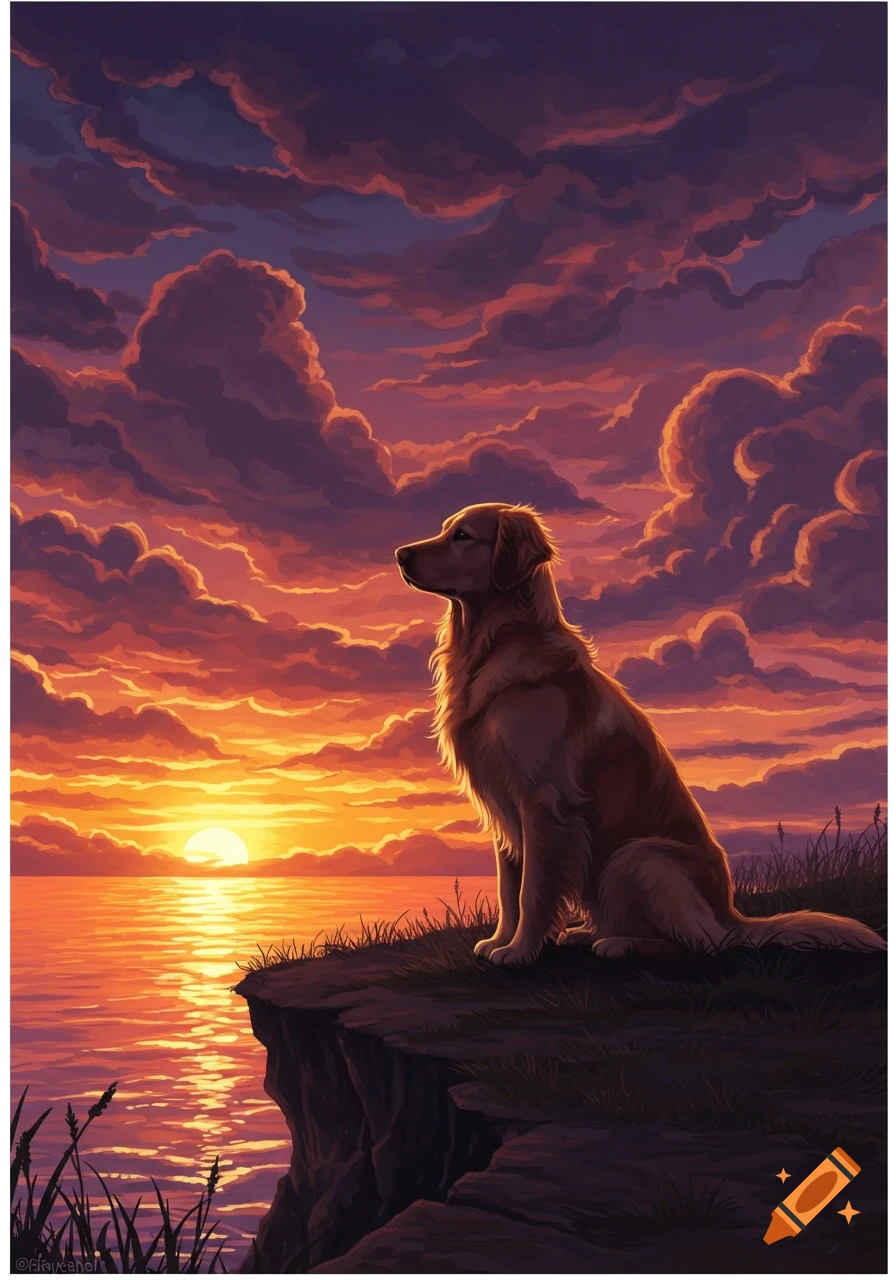 A golden retriever sits on a cliff overlooking a vibrant orange and purple sunset over water.