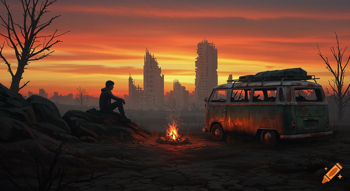 A lone figure by a campfire next to a rusted VW van overlooks a ruined city under an orange sunset.