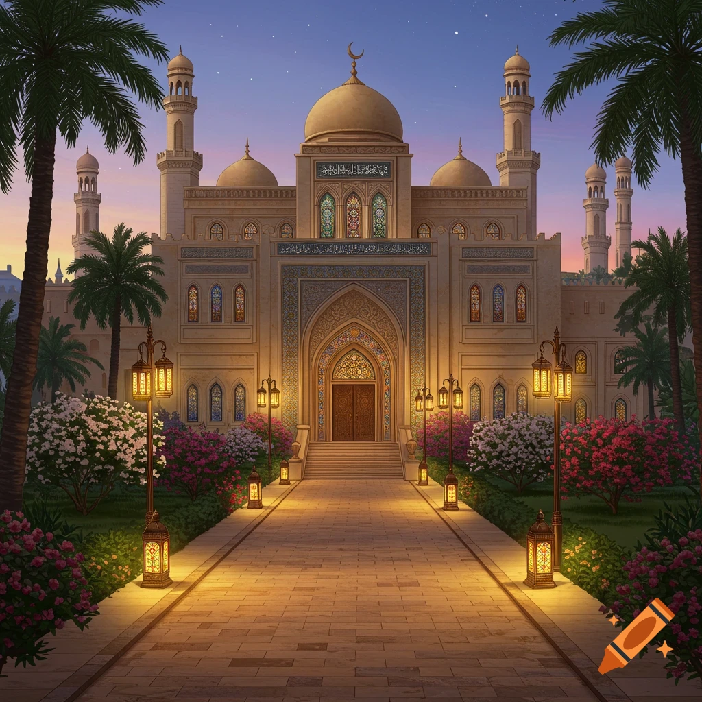 An ornate Islamic-style building with a large dome and minarets, surrounded by lush gardens with blooming flowers and palm trees, at sunset. A lit pathway leads to the main entrance, flanked by lanterns.