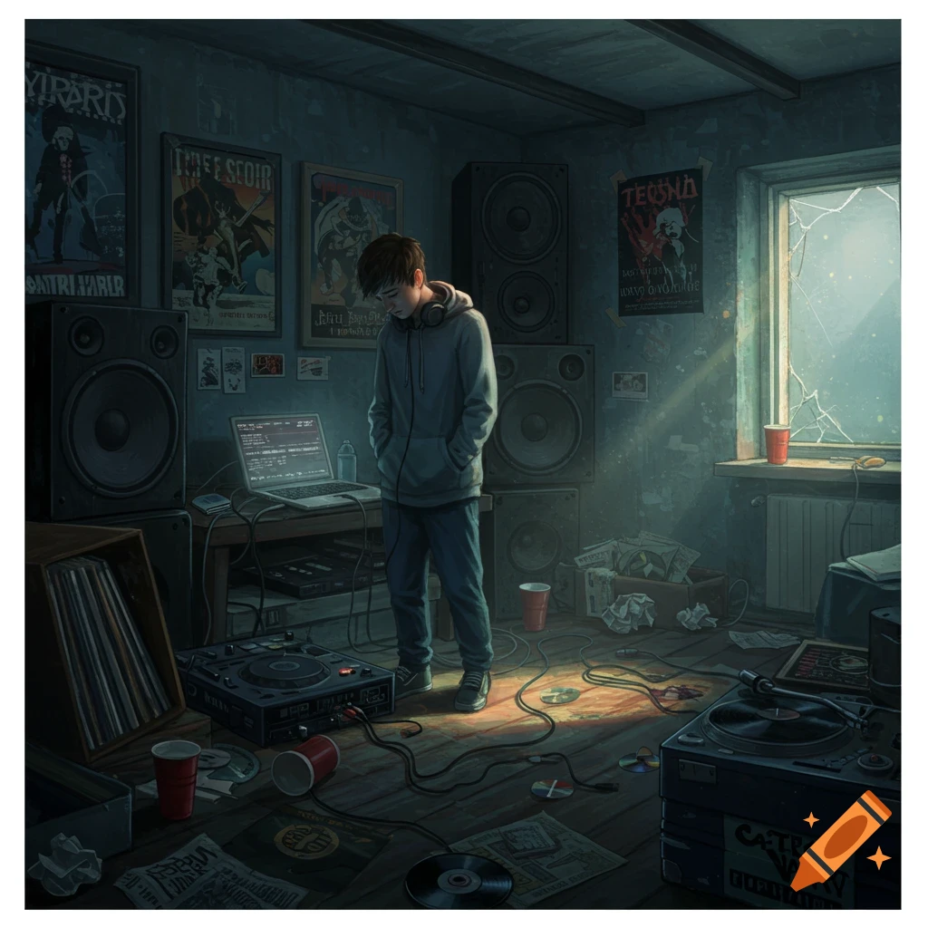 A young man stands in a messy room filled with DJ equipment, speakers, and records, illuminated by light from a broken window.