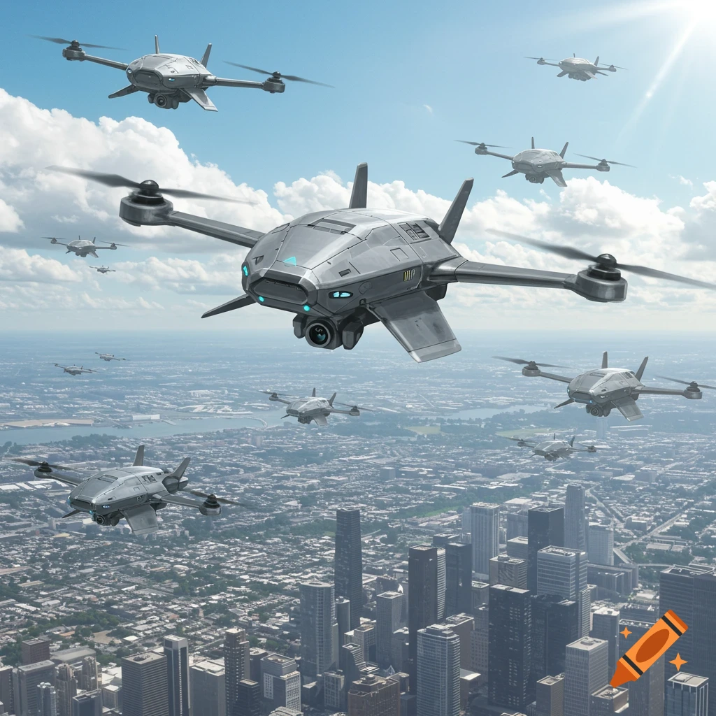 A swarm of futuristic grey drones fly over a sprawling photorealistic cityscape under a bright, sunny sky.