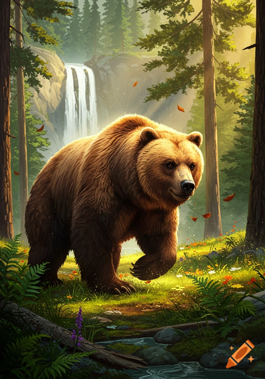 A brown bear walks through a sunlit forest with a waterfall in the background.