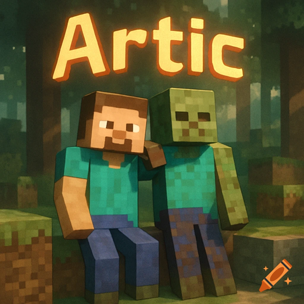 A Minecraft player and a zombie sitting together in a blocky forest, with the word "Artic" glowing above them.