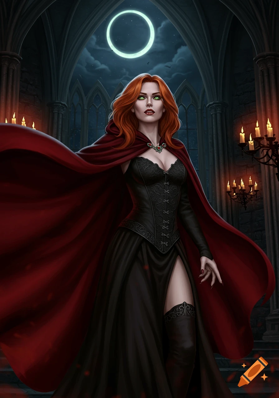 A digitally painted redhead vampire in a black dress and red cape stands in a gothic hall under a glowing moon.
