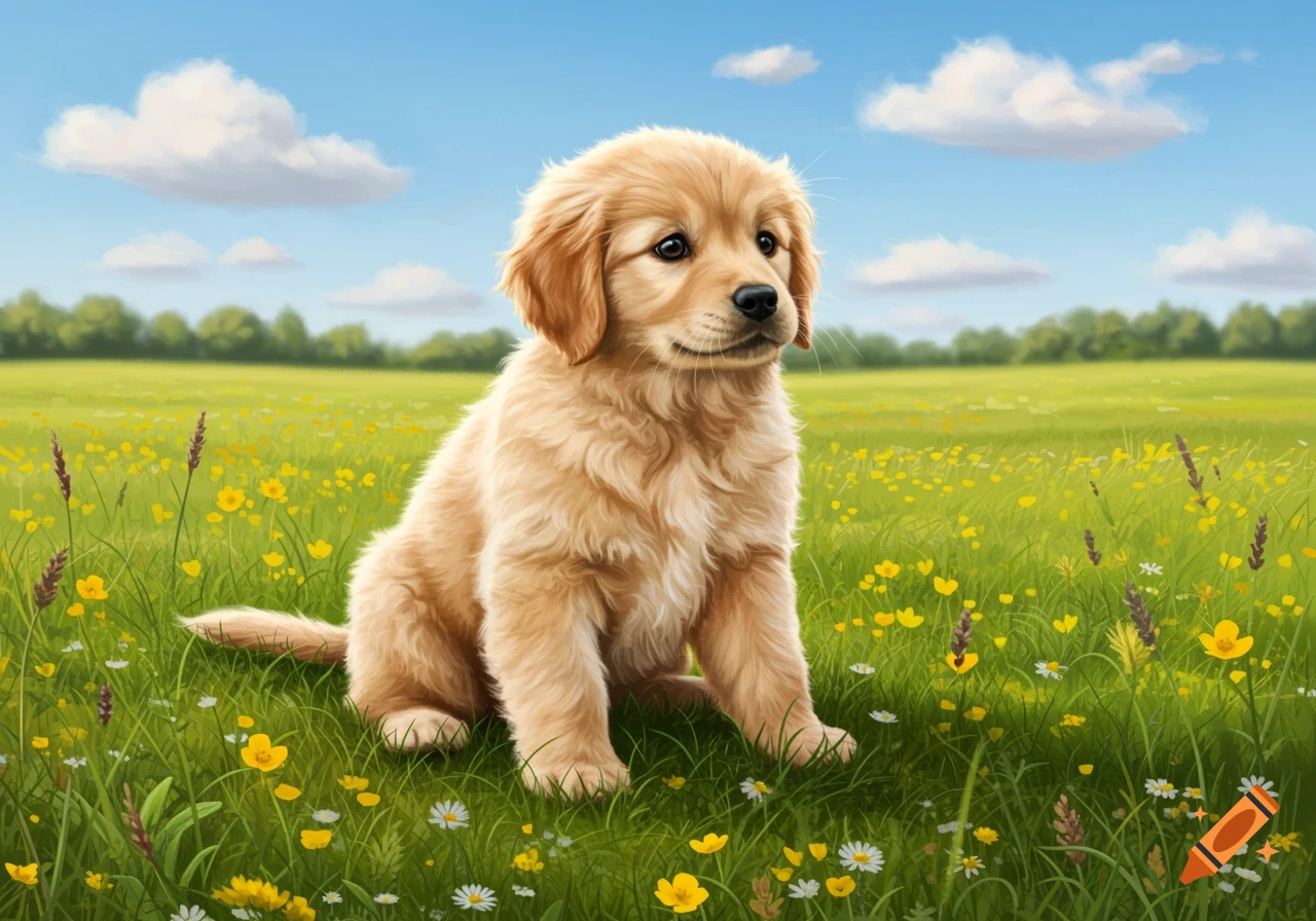 A cute golden retriever puppy sits in a sunny green field filled with yellow and white flowers.