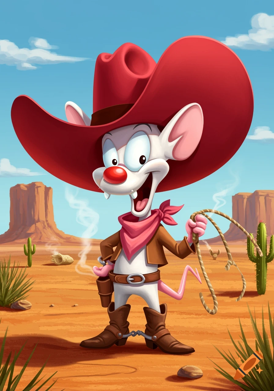 A cartoon white mouse resembling Pinky from Pinky and the Brain, wearing a red cowboy hat and brown outfit, stands in a desert holding a lasso.