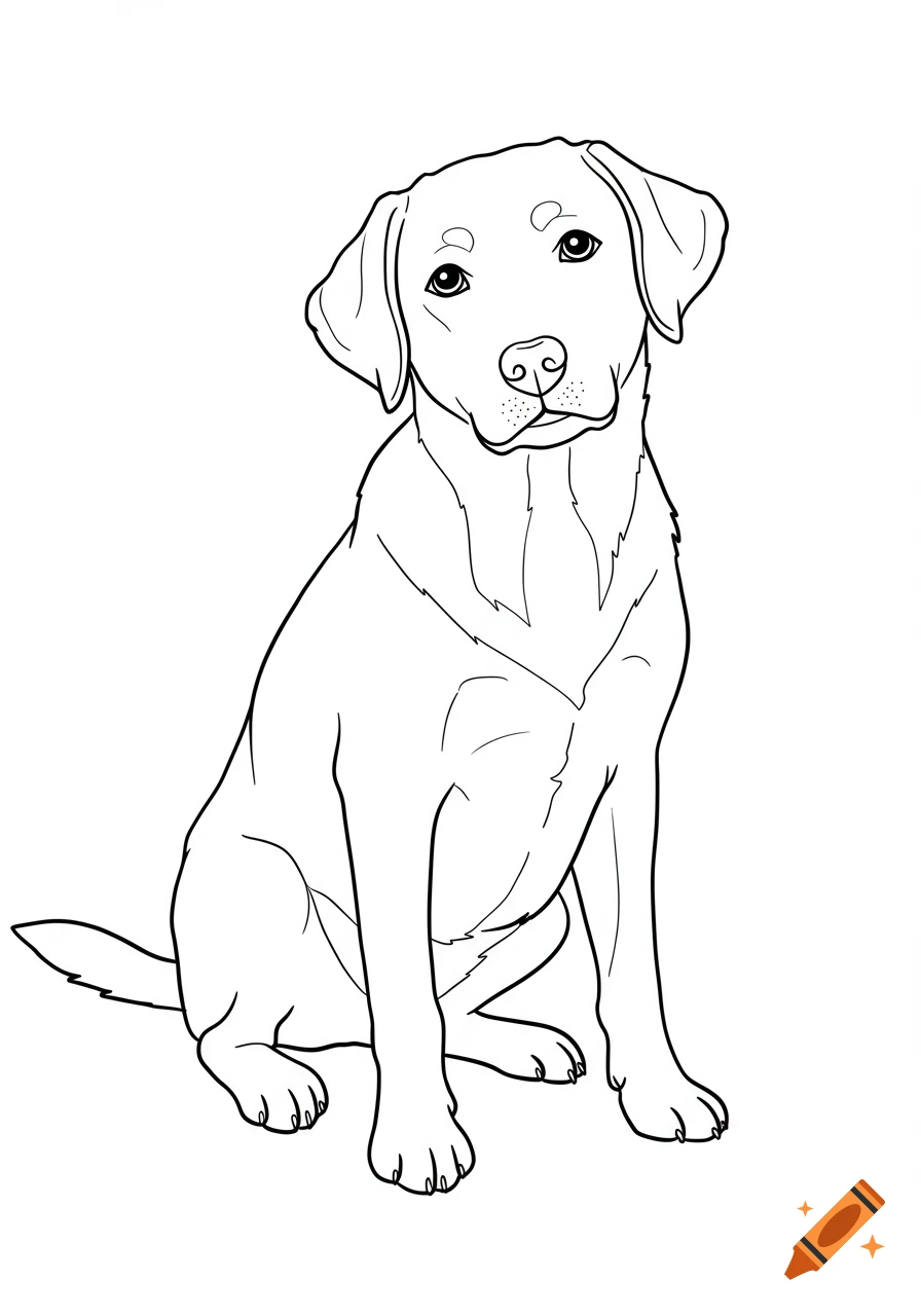 A black and white line drawing of a sitting dog in a coloring book style.