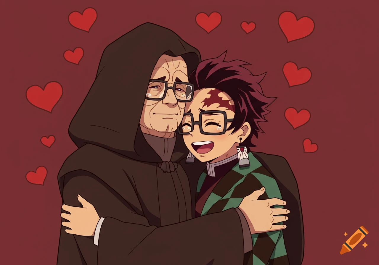 Emperor Palpatine and Tanjiro Kamado with glasses happily hugging, surrounded by red hearts, in anime style.