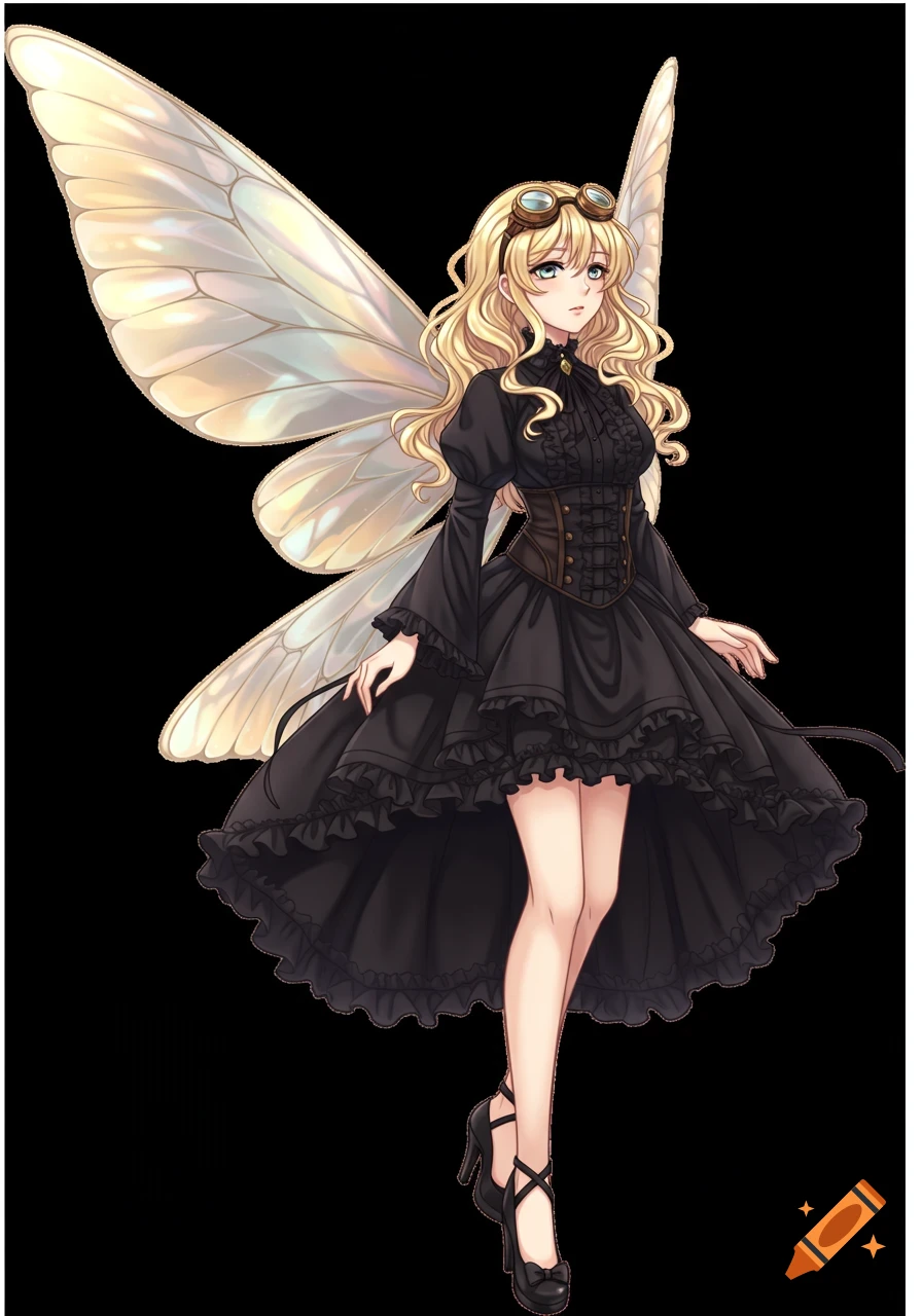 An anime-style blonde girl with large iridescent wings, wearing a black ruffled dress, a brown corset, and steampunk goggles.