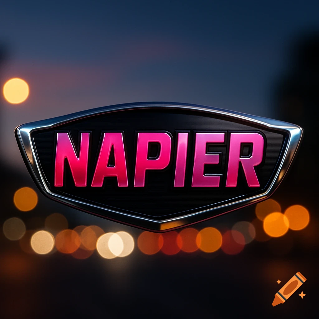 A shiny chrome car emblem displaying the name 'NAPIER' in hot pink letters, against a blurred background of city lights at night.