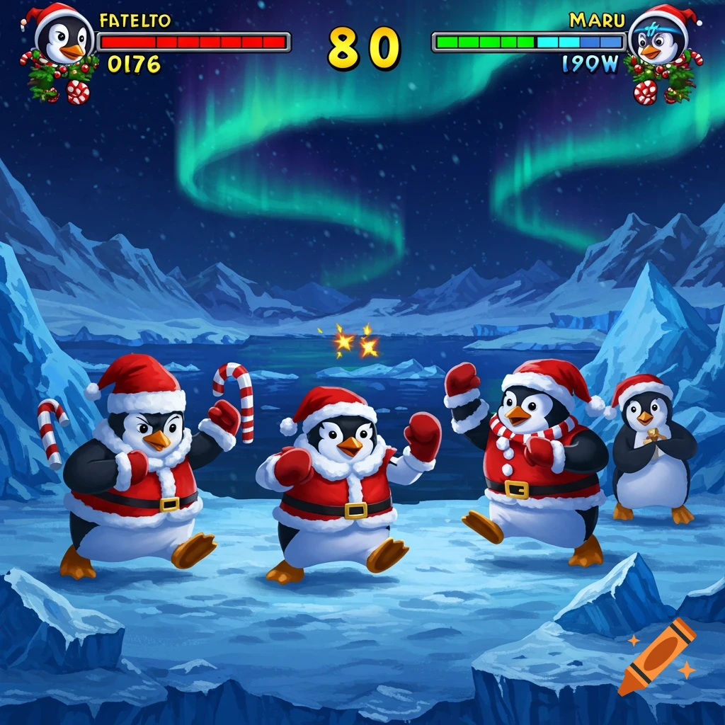 Cartoon Christmas penguins in Santa outfits fighting in an Antarctic video game setting under the aurora borealis.