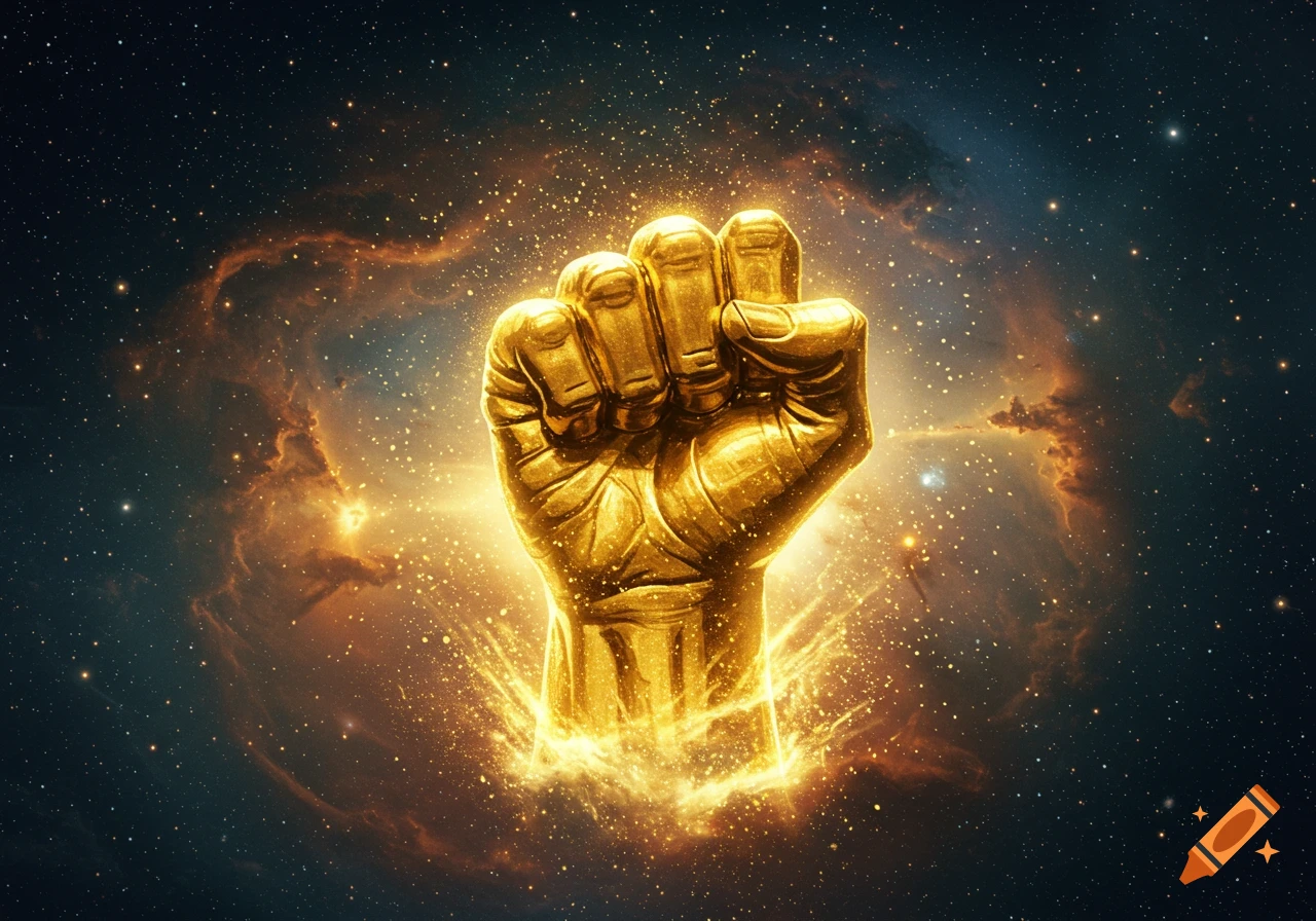 A glowing golden fist emerges from a sparkling stardust cloud against a dark cosmic background with a colorful nebula.