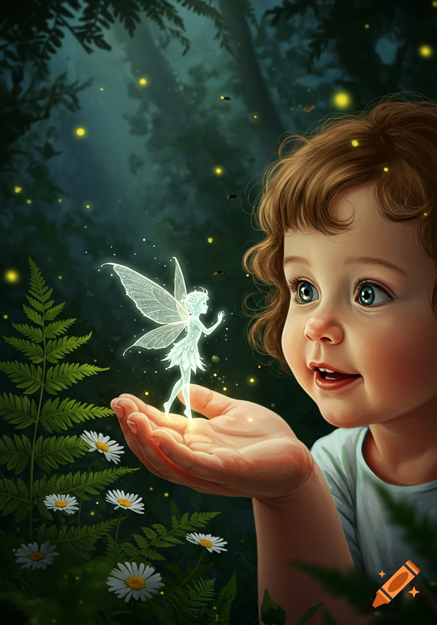 A young child with curly brown hair gazes at a glowing fairy held gently in their open palm, surrounded by ferns, daisies, and fireflies in a magical forest.