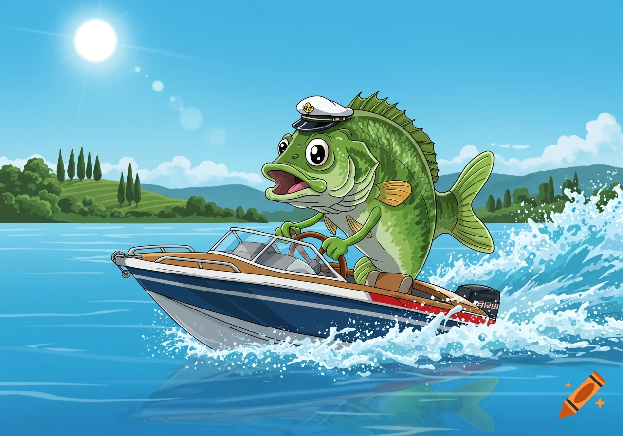 A cartoon bass fish wearing a captain's hat, driving a speed boat on a sunny lake.