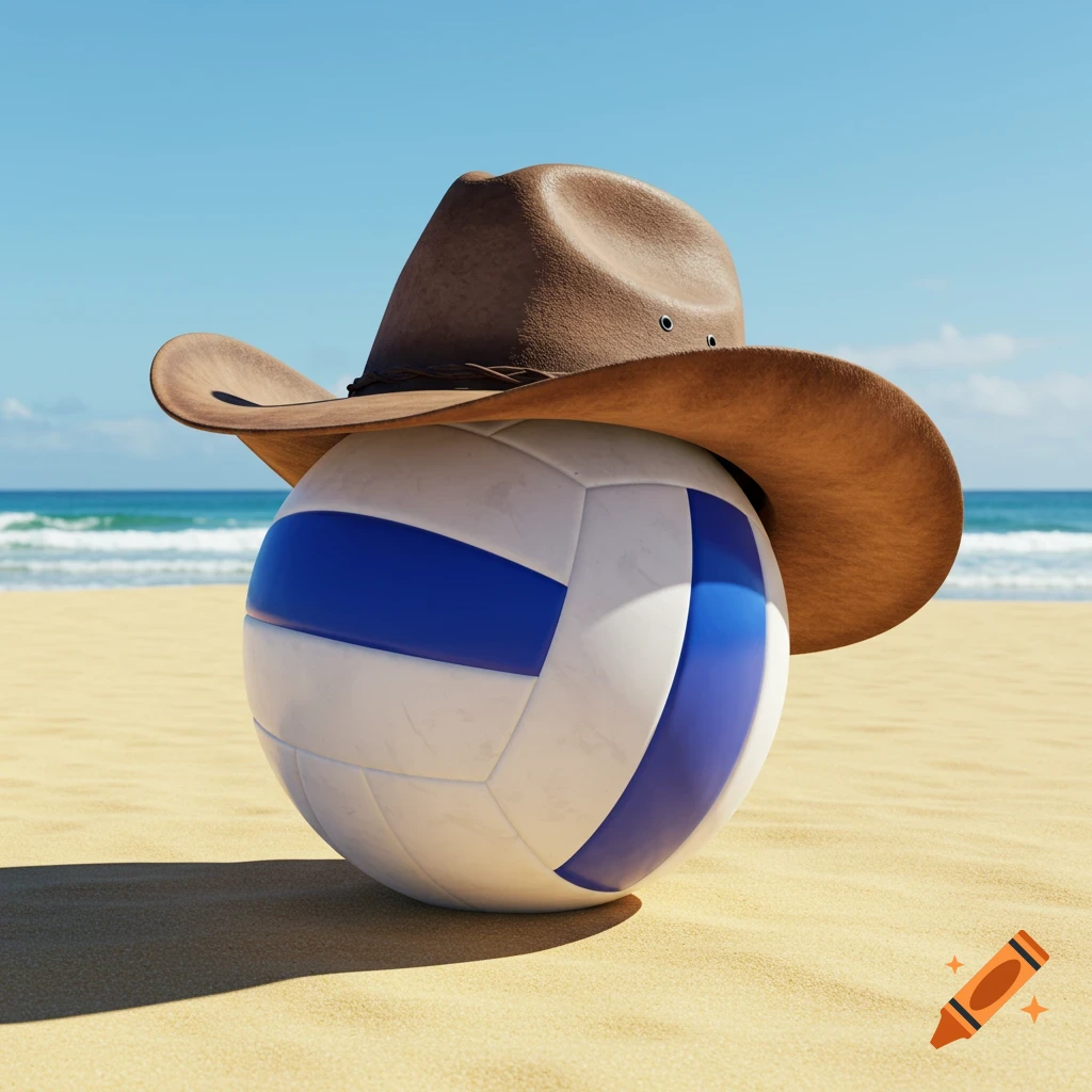 A white and blue volleyball wearing a brown cowboy hat sits on a sandy beach, with the ocean and blue sky in the background. Photorealistic.