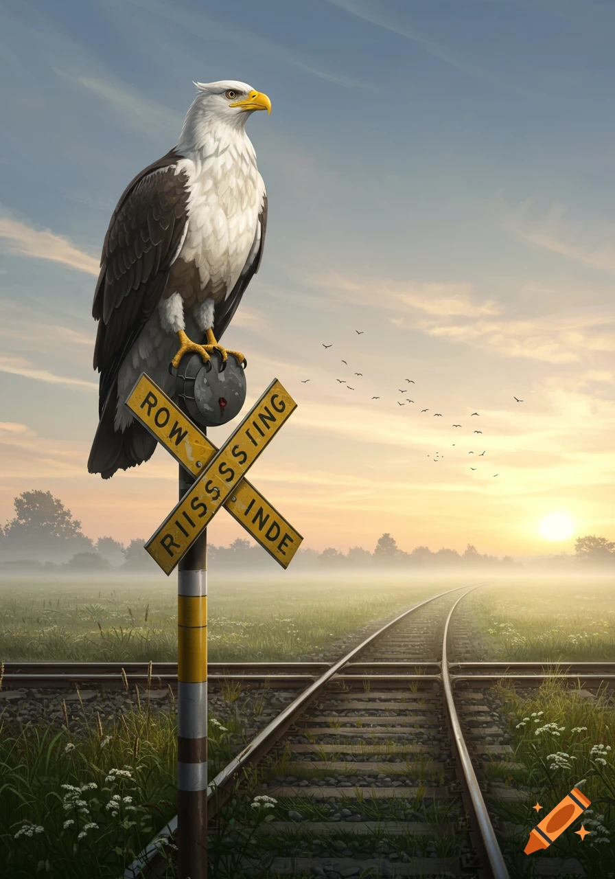 An eagle perches on a yellow railroad crossing sign in a misty, grassy field at sunrise, with train tracks curving into the distance.