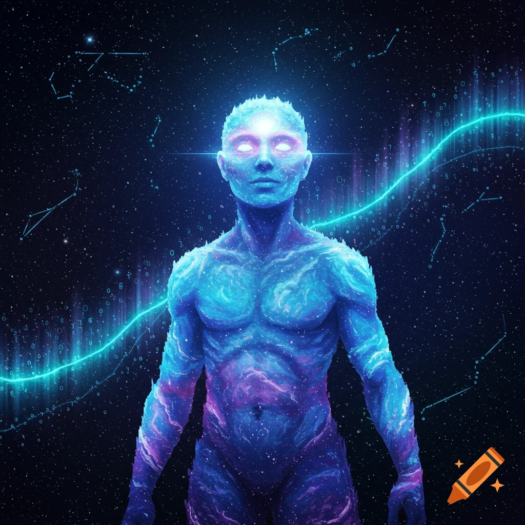 Ethereal human figure of blue and purple cosmic matter with glowing eyes against a starry background, glowing energy waves, binary code.