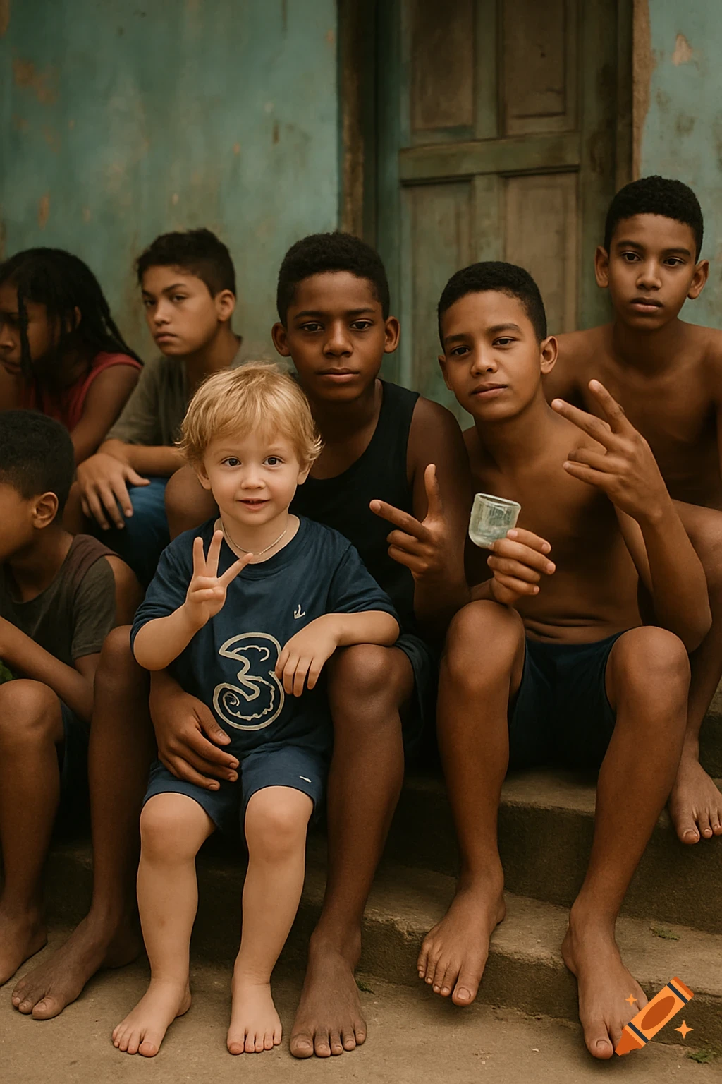 A group of young children and teens, some barefoot, sit on steps in front of a worn building. The youngest child, a light-haired boy, holds up three fingers.
