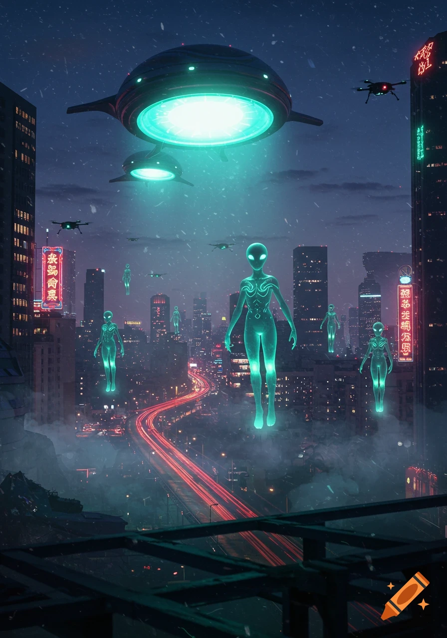 Glowing humanoid aliens and flying saucers hover over a futuristic city highway at night, with drones and neon signs.