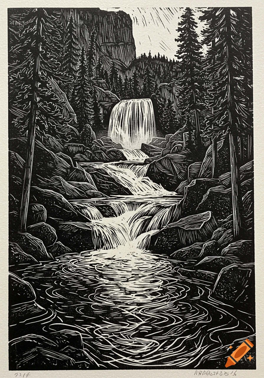 Black and white linocut print of Alberta Falls, a waterfall cascading down rocky steps in a dense forest with a mountain in the background.