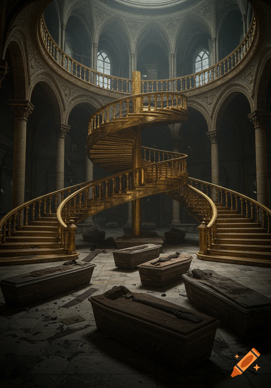 A dark, grand hall with a golden spiral staircase and multiple decaying wooden coffins on the floor.