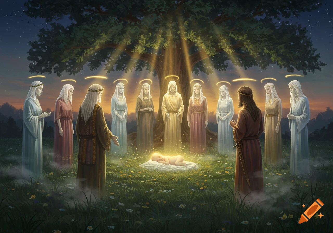 A group of robed figures with halos surround a glowing baby in a grassy field under a large tree at dusk.