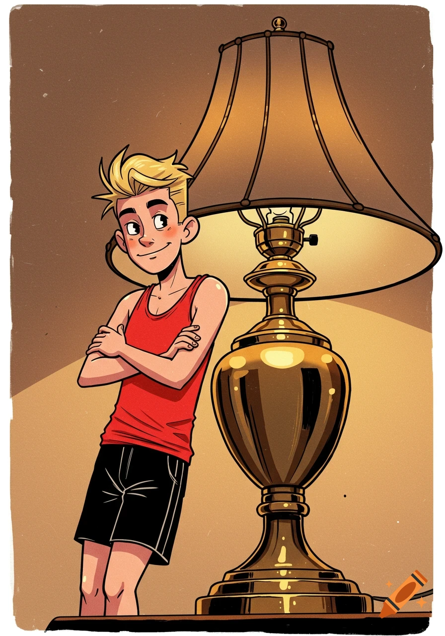A cartoon man with blonde hair in a red tank top and black shorts leans against a large gold table lamp, smiling playfully in Franco-Belgian comic style.