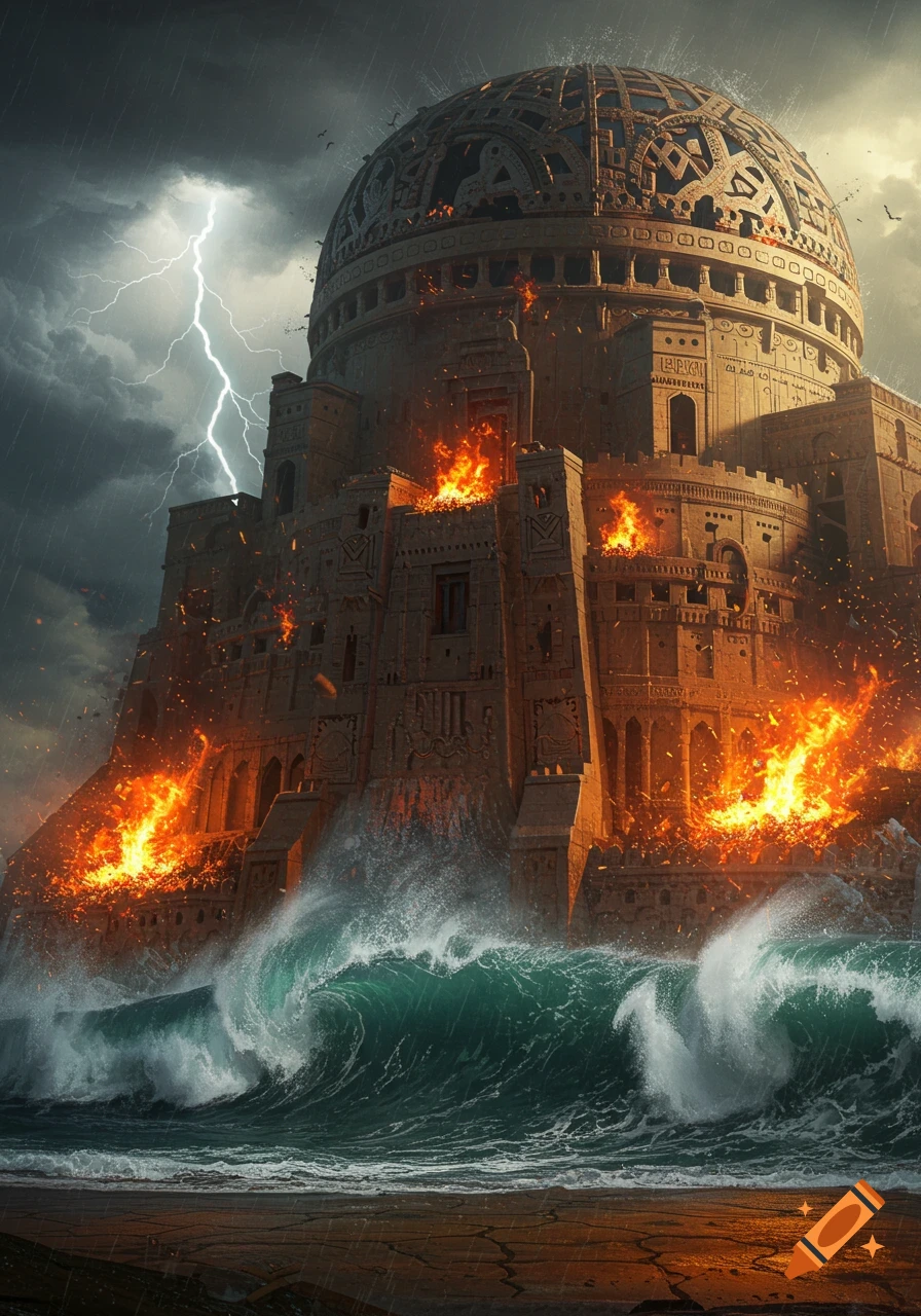 A massive, ancient dome-roofed building on fire at its base, being struck by lightning during a stormy night with large waves crashing against it.