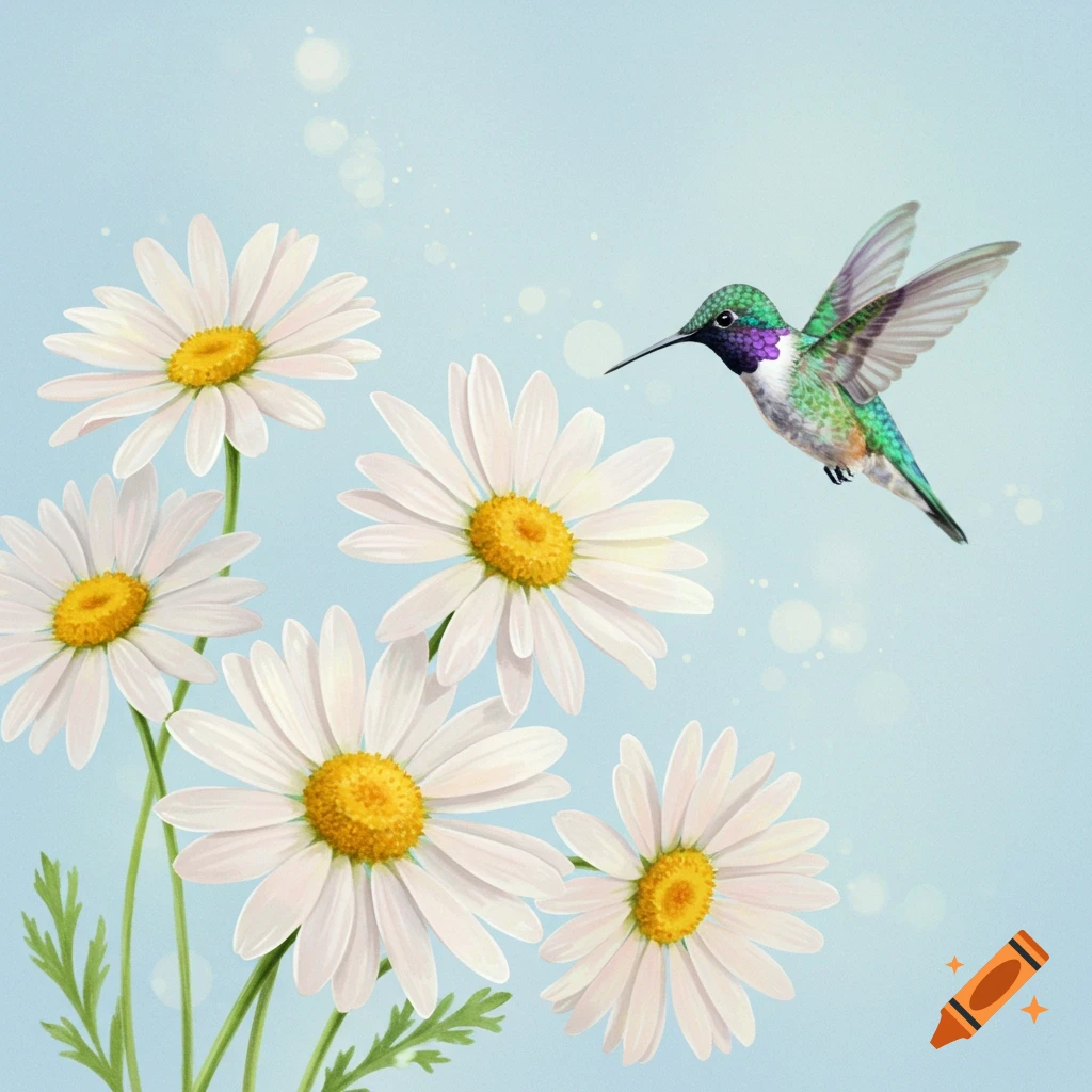A watercolor illustration of white daisies with a colorful hummingbird flying on a light blue background.