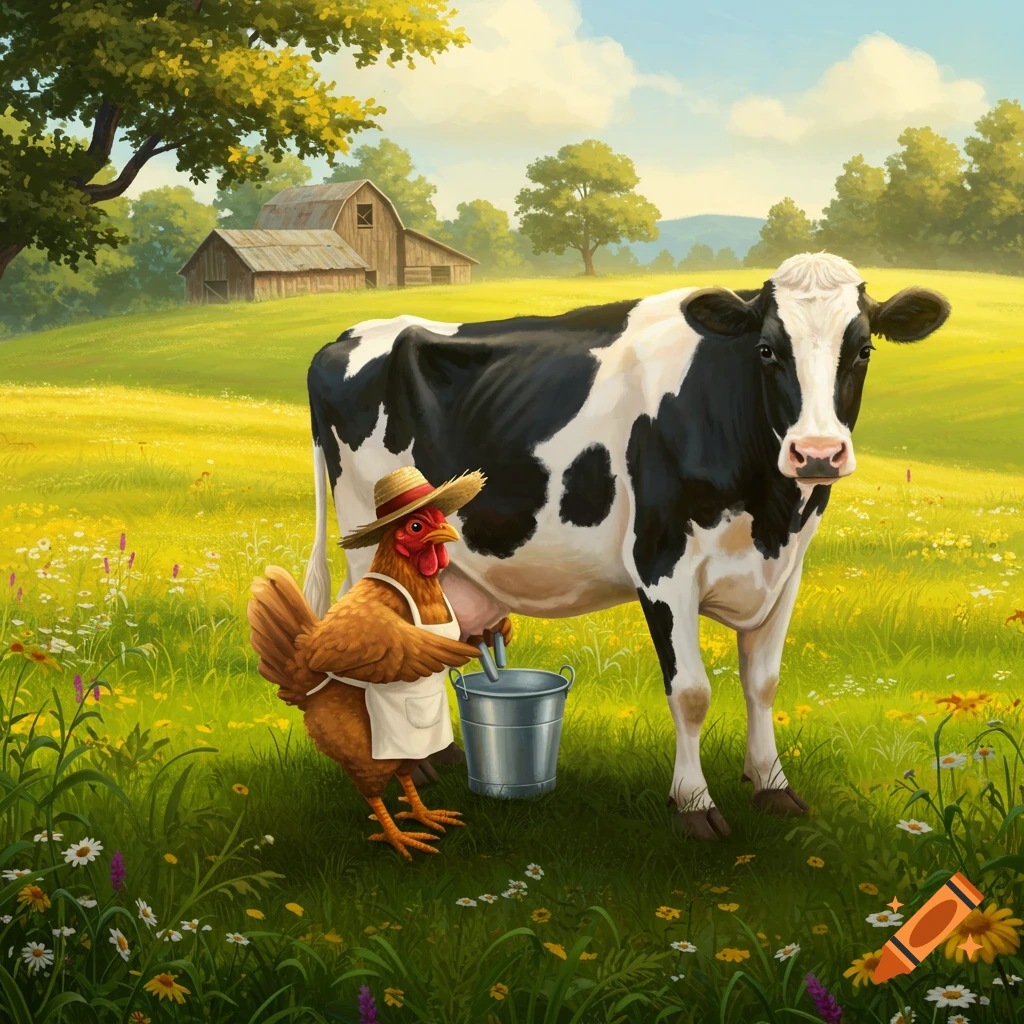 A whimsical illustration of a chicken wearing a straw hat and apron milking a black and white cow in a sunny, green field with wildflowers and barns in the background.