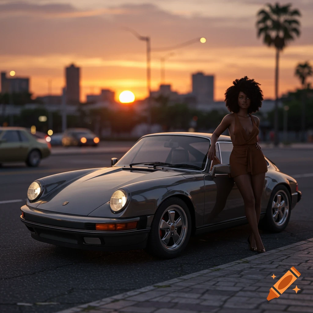 A photorealistic image of a Black woman standing next to a classic grey Porsche 911 on a city street at sunset.
