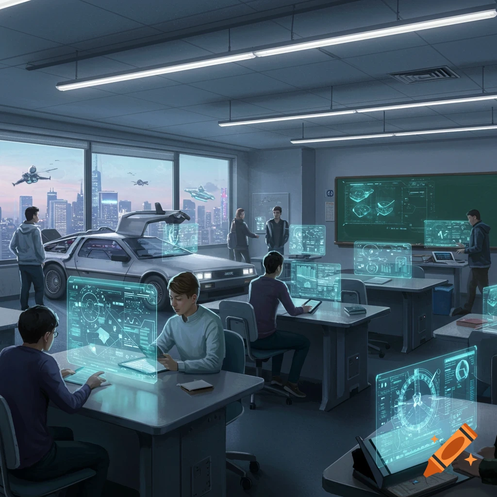 A futuristic classroom with students using holographic displays, a DeLorean car, and a cityscape visible outside.