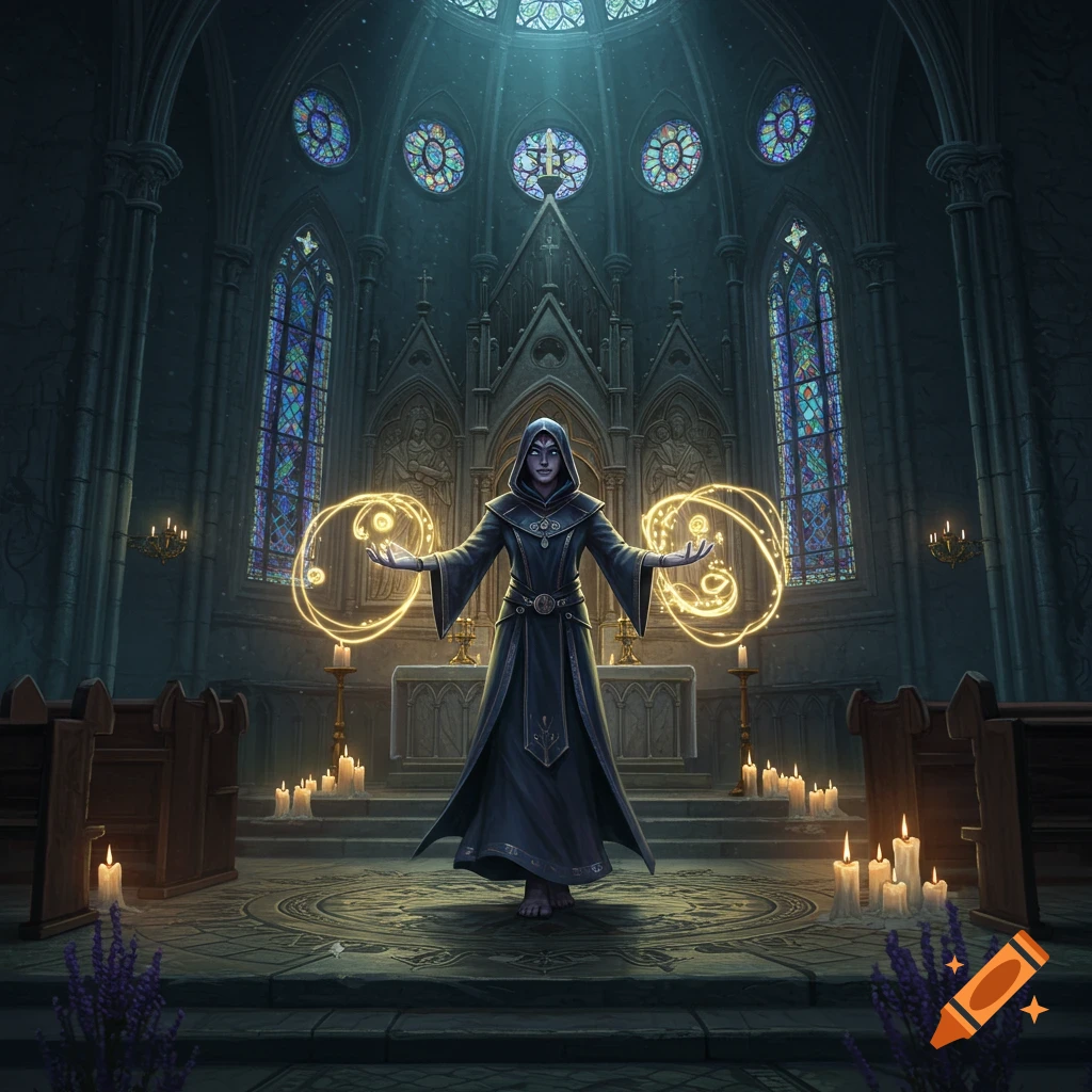 A robed sorcerer stands in a dimly lit gothic church, casting glowing magical circles. The scene is illuminated by stained glass and candles.