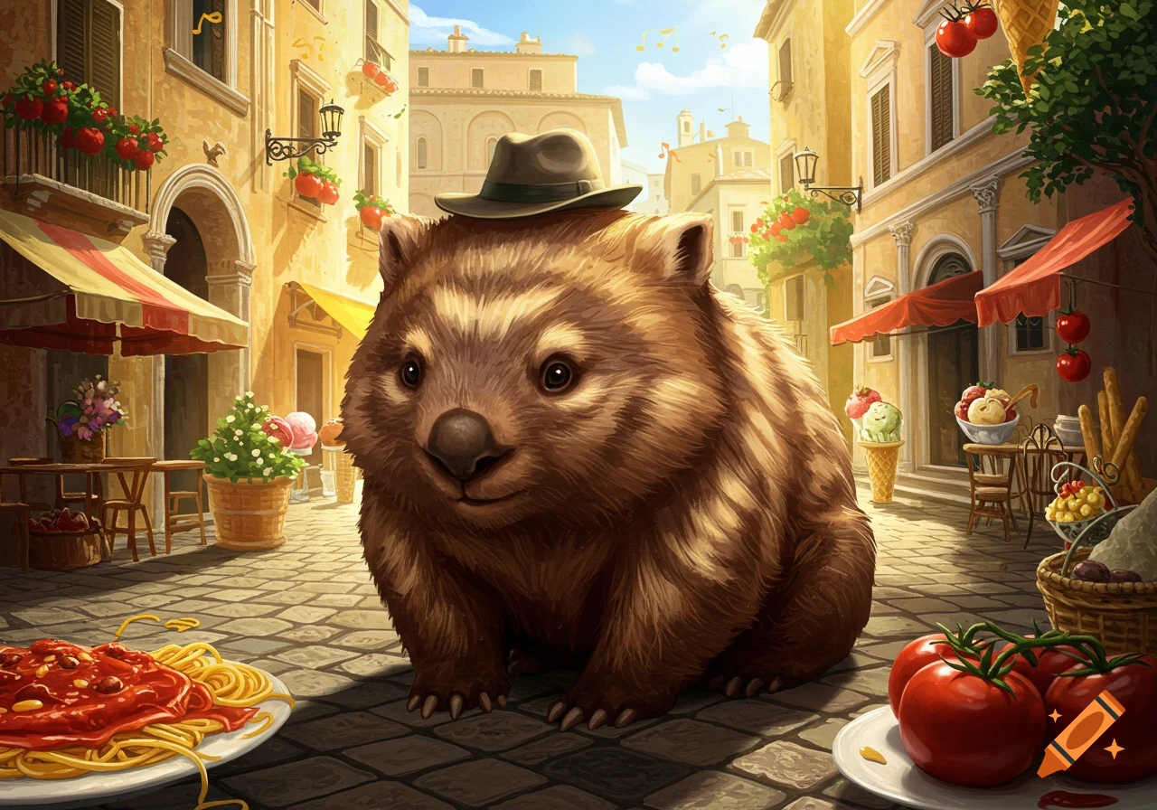 A cute wombat wearing a hat sits on a cobblestone street in an Italian town, with spaghetti and tomatoes in the foreground.