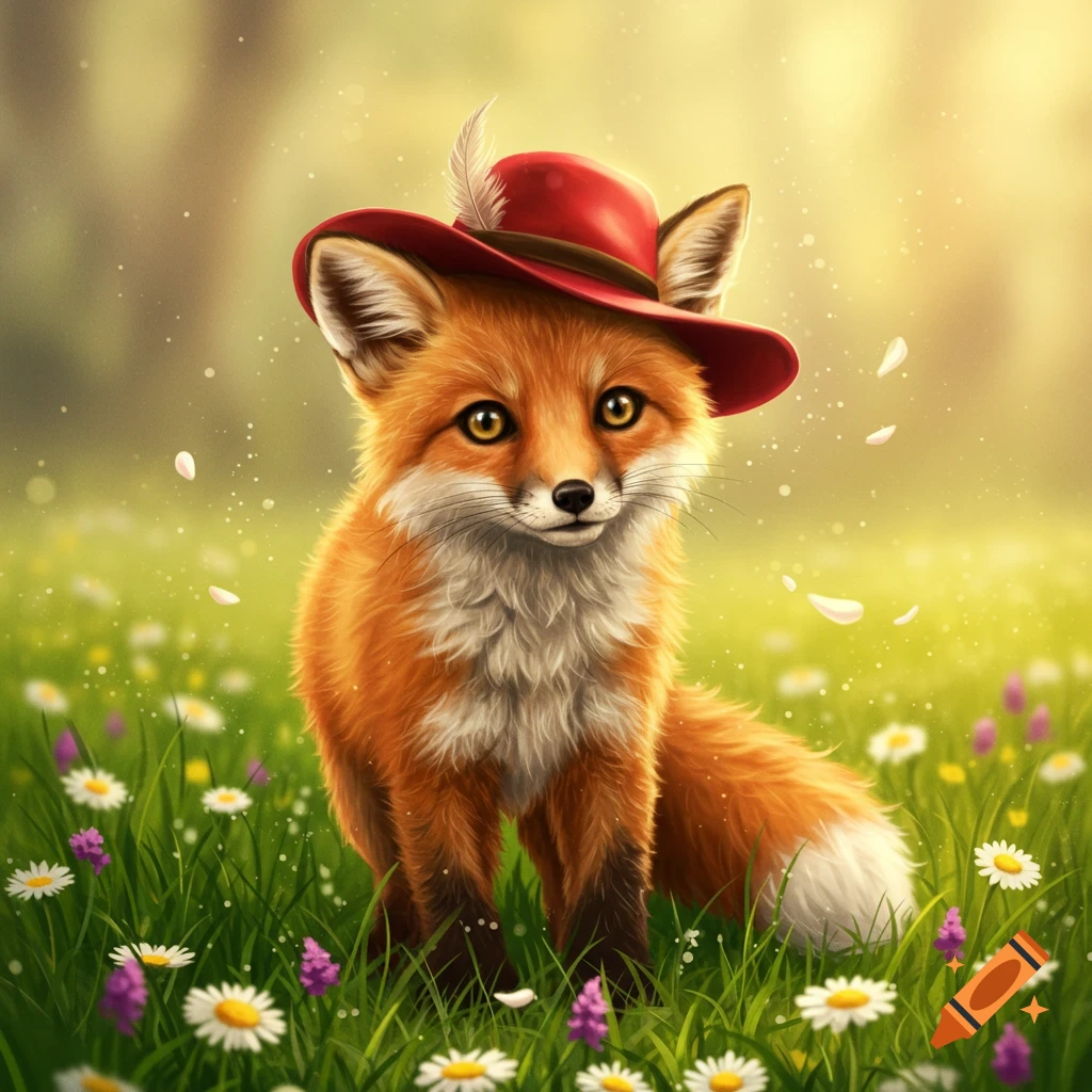 A cute orange fox wearing a red hat with a feather, standing in a sunny field of white and purple flowers in an illustrated style.