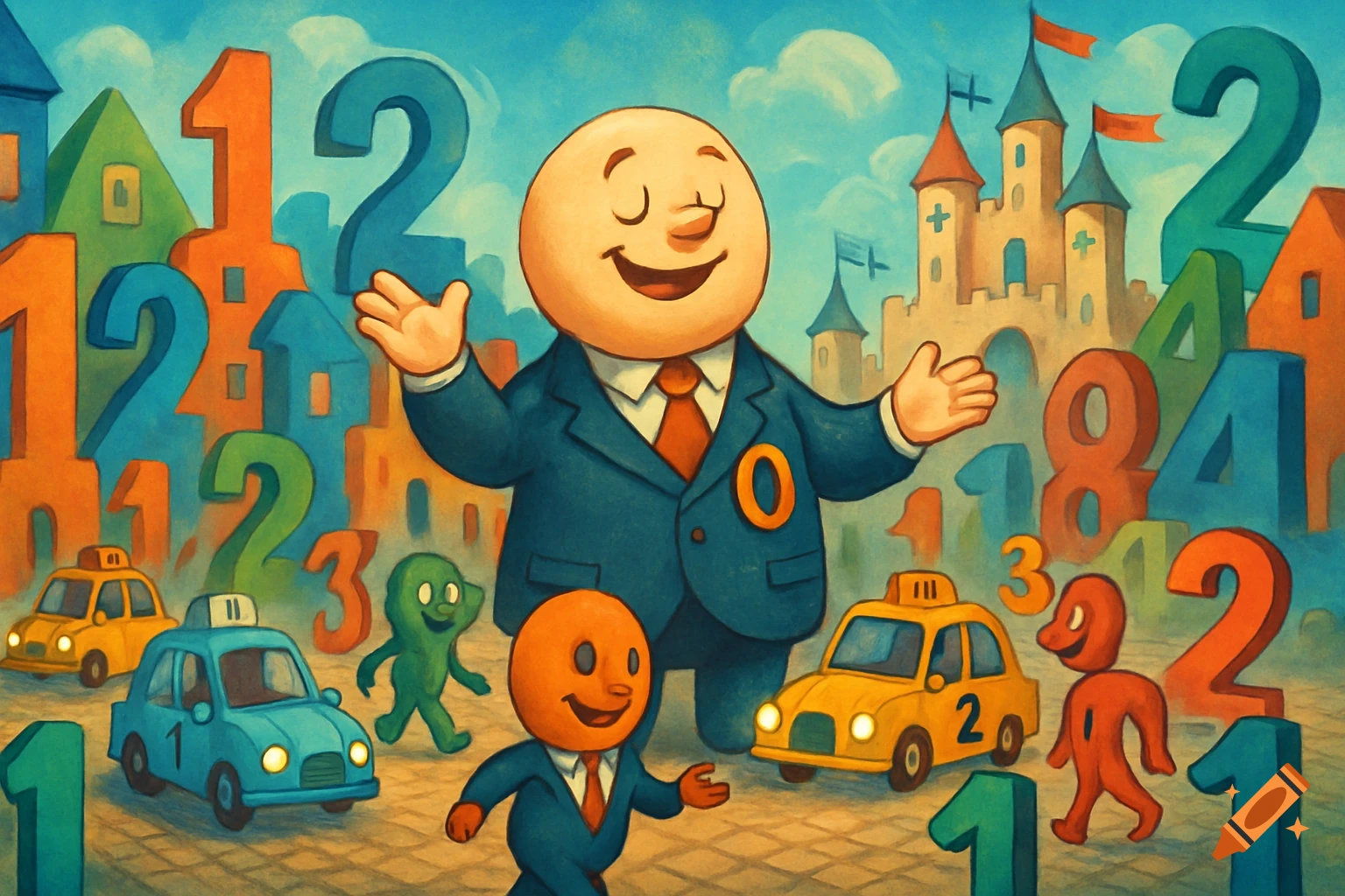 A whimsical, colorful illustration of a large man in a suit, surrounded by cartoon figures, taxis with numbers, and buildings shaped like numbers against a blue sky.